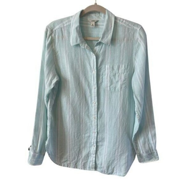 LL Bean Top Womens M Blue White Striped Linen Long Sleeve Button Up Lightweight - Picture 1 of 5